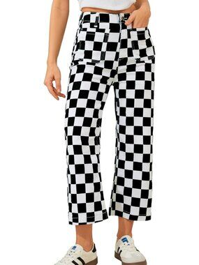 High-Waisted Cropped Jeans for Women | Stretchy Checkered Casual Trousers with